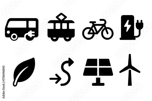 Sustainable Transport Icons. Sustainable transport. Filled icon set of sustainable transport: e-bus, e-tram,