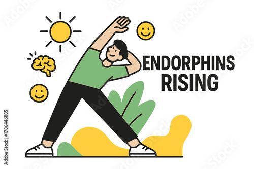 Sunlit Stretch. Mental Wellness Boost. A person stretches in sunlight, floating icons show brain sparks and smile glyphs. ?Endorphins Rising? glows in clean