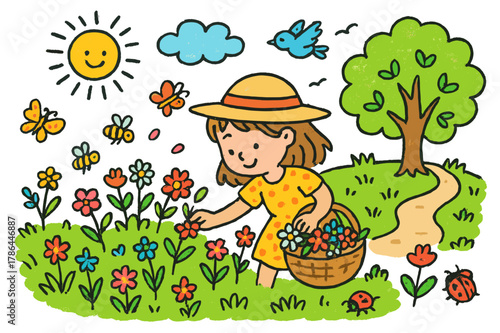 Children Picking Wildflowers. picking wildflowers. Colorful Hand-drawn doodle Children illustration picking wildflowers girl, basket, flowers, grass, sun,
