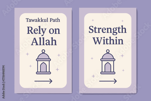 Tawakkul Path Banners. Tawakkul Path. Two vertical A6 banners with safe margins, centered composition, no elements touching edges, modern, lavender and cream,