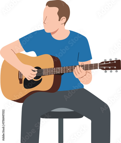 Musician Playing Acoustic Guitar Sitting Down Flat Vector Illustration