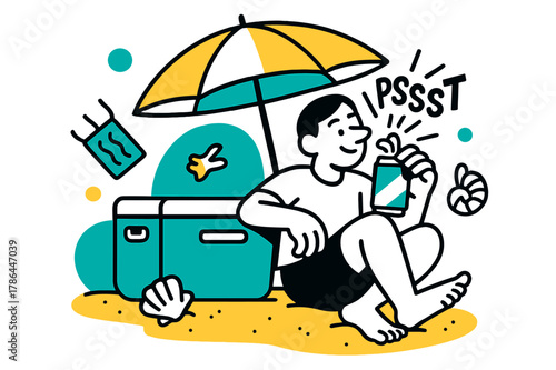 Sandy Toes Delight. Beach Cooler Break. Umbrella shade, sandy toes, and a fizzing can cracking open?spark lines burst ?pssst.? Ice packs and shells orbit the