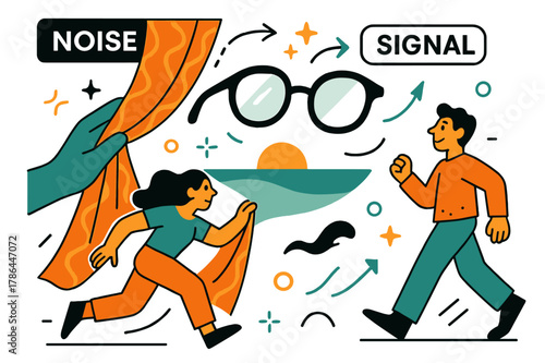 Perception Revealed. Perception and reality. A hand peels back a patterned curtain to reveal a simple horizon; labels flip from ?Noise? to ?Signal?. Floating