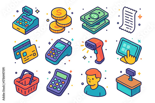 Isometric Payment Icons. Payment processing. Colorful isometric vector icons set of payment processing: cash register, coins, dollar bills, receipt, credit