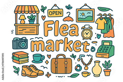 Colorful Flea Market Doodle. Flea market. Hand-drawn doodle illustration of Flea market. Market stall, clothes