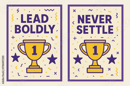 Lead Boldly Banners. Lead boldly. Two vertical A6 banners with safe margins, centered composition, no elements touching edges, memphis, purple and yellow,