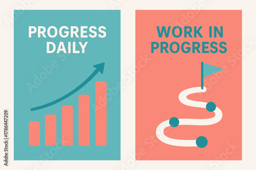 Modern Progress Banners. Progress daily. Two vertical A6 banners with safe margins, centered composition, no elements touching edges, modern, turquoise and