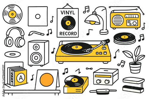 Retro Vinyl Collection. Retro vinyl. Hand-drawn doodle illustration record player (colored), vinyl records (colored), turntable (colored), speaker (colored),
