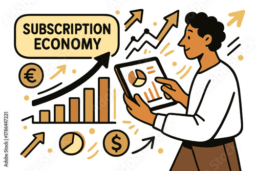 Subscription Growth Analysis. Subscription economy. Charts showing growth in memberships with person analyzing