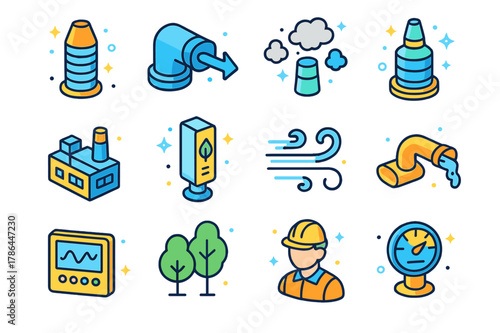 Environmental Tower Icons. Environmental towers. Colorful isometric vector icons set of environmental towers: air filter tower, ventilation system, smoke