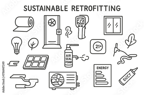 Sustainable Retrofitting Icons. Sustainable retrofitting. Hand-drawn doodle illustration sustainable retrofitting insulation roll, blower door, thermal camera,