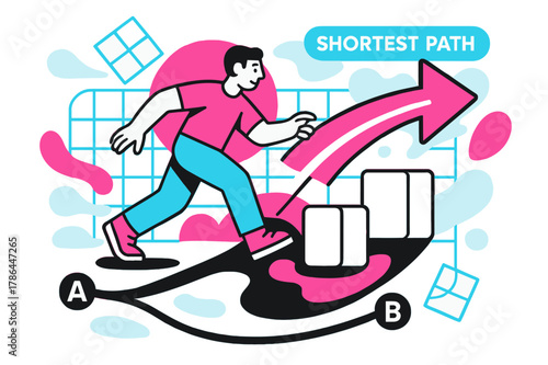 Shortest Path Diagram. Vector Displacement Diagram. A figure walks around obstacles, but a clean arrow cuts directly from A to B; ?Shortest Path? glows near