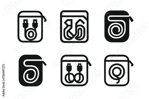 Travel Cable Kit Logos. Travel cable kit. Set Logo of Travel cable kit: zip pouch with neatly wound leads. harmonious logo variations of the same emblematic