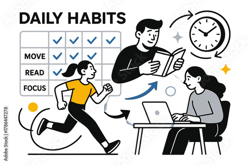 Dynamic Habit Tracker. Vision Board ? Daily Habits. A neat habit grid with checkmarks gliding across; labels ?Move, Read, Focus?. A minimal clock and arrow