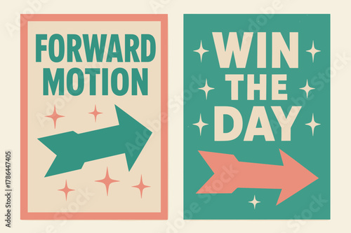 Retro Motivation Banners. Forward motion. Two vertical A6 banners with safe margins, centered composition, no elements touching edges, retro, pink and teal,