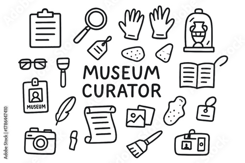 Museum Curator Doodle. Museum Curator. Hand-drawn doodle illustration of Museum Curator. clipboard, magnifying