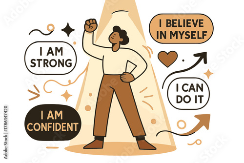Empowered Under Spotlight. Building confidence. Person standing tall under spotlight with affirmations