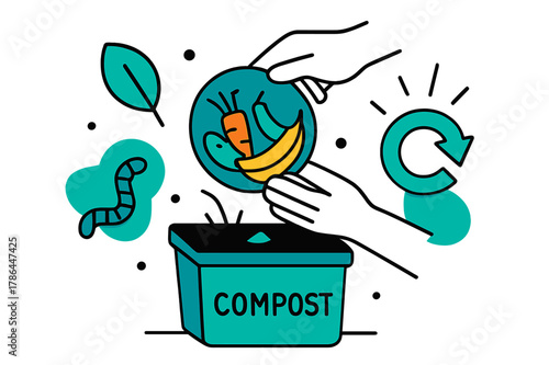 Home Composting Art. Composting at home. Hands adding food scraps to a compost bin with floating abstract