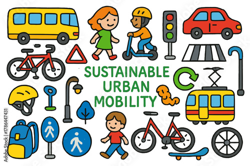 Sustainable Urban Mobility Icons. sustainable urban mobility. Colorful Hand-drawn doodle Children illustration sustainable urban mobility bus, bicycle,