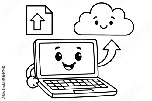 Cheerful Laptop & Cloud. Uploading to the cloud children?s coloring book illustration, outlined drawing, a cheerful laptop sending a file with an arrow toward