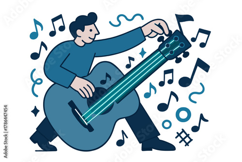 Guitar Harmony Artistry. Guitar Tuning. A musician adjusts the pegs of an acoustic guitar; glowing strings and