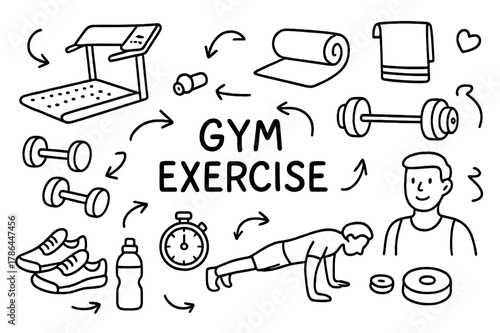 Gym Doodle Icons. Gym exercise. Hand-drawn doodle illustration gym exercise dumbbells, treadmill, mat, towel, barbell, push-up icon, weights, shoes, stopwatch,