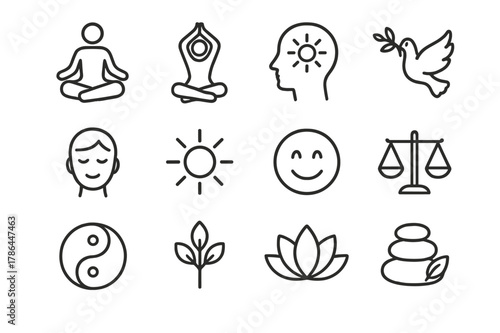 Mindfulness Icon Set. The benefits of meditation and mindfulness. Line icon set of The benefits of meditation and mindfulness: meditation, yoga, mindfulness,