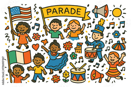 Vibrant Cultural Parade. Cultural parade. Colorful Hand-drawn doodle Children illustration Cultural parade flags, drums, costumes, marching band, banners,