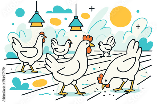 Modern Poultry Farm. Poultry Farm. Rows of chickens walking and pecking in a clean poultry farm with floating abstract geometric shapes and soft light accents,