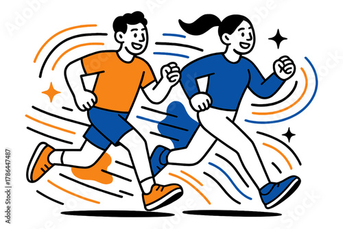 Dynamic Jogging Duo. Energetic running. A close-up of two friends jogging together, abstract floating motion