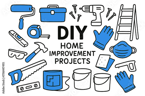 DIY Project Tools. // DIY home improvement projects. Hand-drawn doodle illustration DIY home improvement projects [paint roller (accented), toolbox (accented),