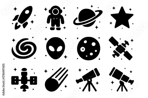Space Exploration Icons. space exploration. Solid icons set of space exploration: rocket, astronaut, planet, star, galaxy, spaceship, alien, moon, satellite,