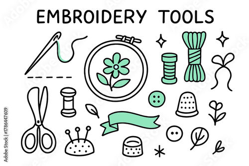 Vibrant Embroidery Tools. // Embroidery tools. Hand-drawn doodle illustration Embroidery tools [needle (accented), hoop (accented), colored threads (accented),