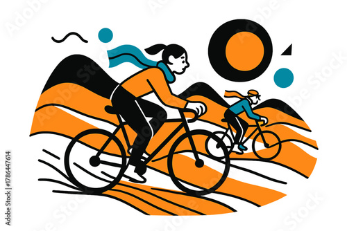 Desert Cycling Adventure. Desert cycling adventure. Bikers pedal across endless dunes under a bright sun,