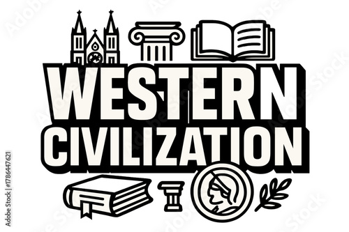 Western Civilization Artistry. Bold Block Lettering ? "Western Civilization" in massive bold geometric letters, stacked block composition, heavy outlines with