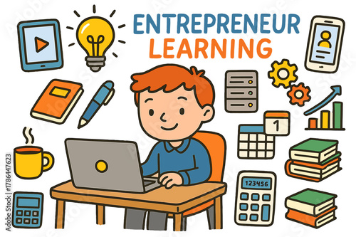Entrepreneurial Learning Doodles. entrepreneur learning. Colorful Hand-drawn doodle Children illustration entrepreneur learning laptop, tablet, smartphone,