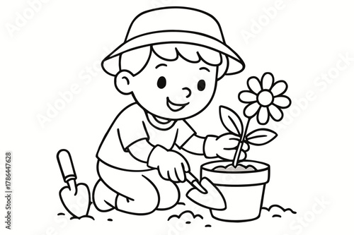 Kid's Flower Planting. Gardening children?s coloring book illustration, outlined drawing, a kid planting a flower in a pot, educational design for kids, clear