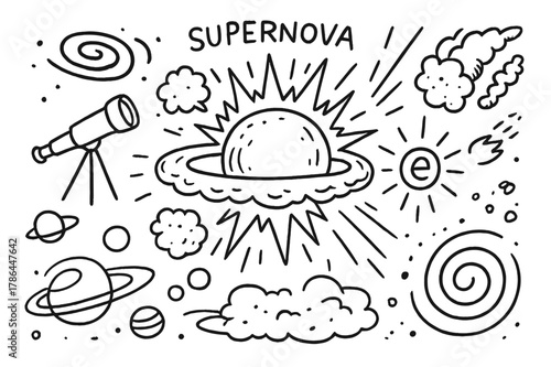 Supernova Explosion Doodle. Supernovae. Hand-drawn doodle illustration supernovae exploding star, shockwave ring, dust cloud, light burst, telescope, galaxy,