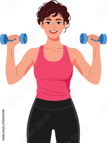 Happy Woman in Pink Top Lifting Blue Dumbbells for Fitness Workout Illustration