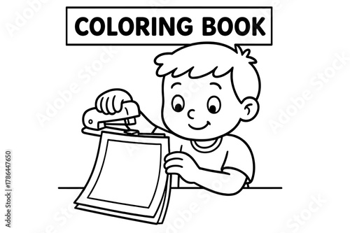 DIY Coloring Book. Make your own book children?s coloring book illustration, outlined drawing, a child stapling simple pages together with a title box and