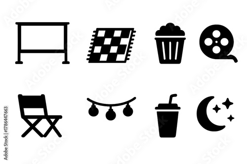 Outdoor Movie Icons. Outdoor movie night. Filled icon set of outdoor movie night: projector screen, picnic