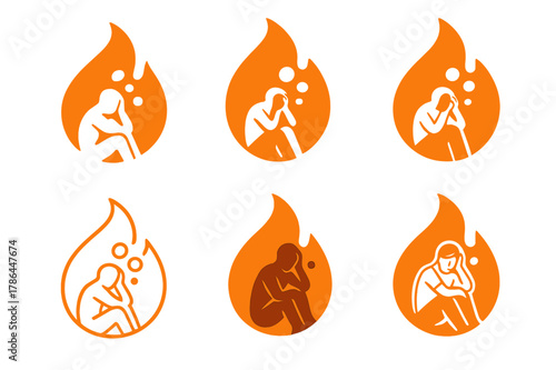 Restless Mind Logos. restless figure surrounded by floating thoughts. Set Logo of restless figure surrounded by floating thoughts: Flame. harmonious logo