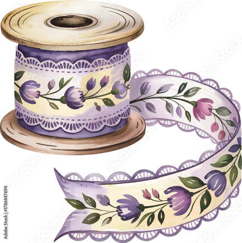 ribbon spool purple floral pattern lace trim watercolor design