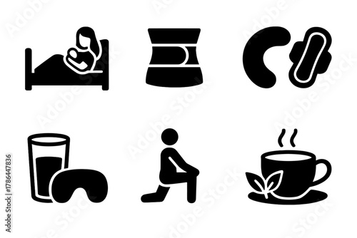 Postpartum Recovery Essentials. Postpartum recovery. Filled icon set of postpartum recovery: mother resting,