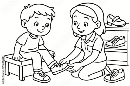 Children's Shoe Fitting. Shoe fitting children?s coloring book illustration, outlined drawing, child trying on
