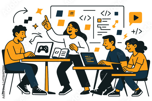 Dynamic Game Developers. Game development. Developers sitting at desks, laptops and coding books open, brainstorming and creating. Colorful sticky notes and