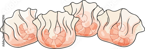 Watercolor Illustration of Four Steamed Shrimp Dumplings Siu Mai Isolated on White Background