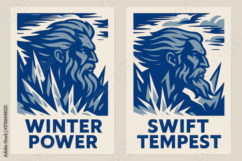 Winter Power Banners. Storm Herald. Two vertical A6 banners with safe margins, centered composition, no elements touching edges, bold, cobalt and ice gray,