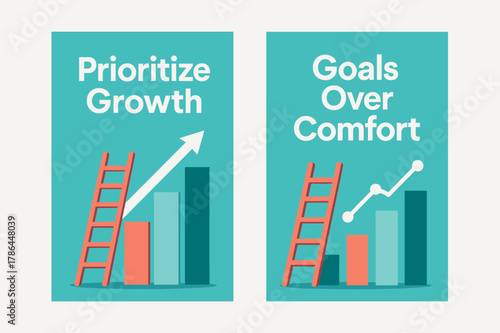 Growth and Goals Banners. Prioritize growth. Two vertical A6 banners with safe margins, centered composition, no elements touching edges, modern, turquoise and