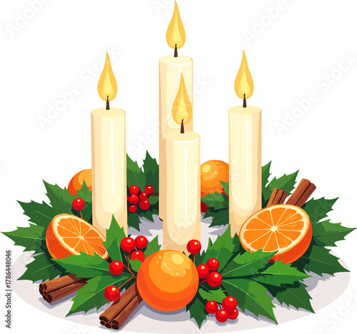 Elegant white Christmas candles surrounded by holly berries and pine leaves, warm glowing holiday illustration perfect for greeting cards and cozy winter designs
